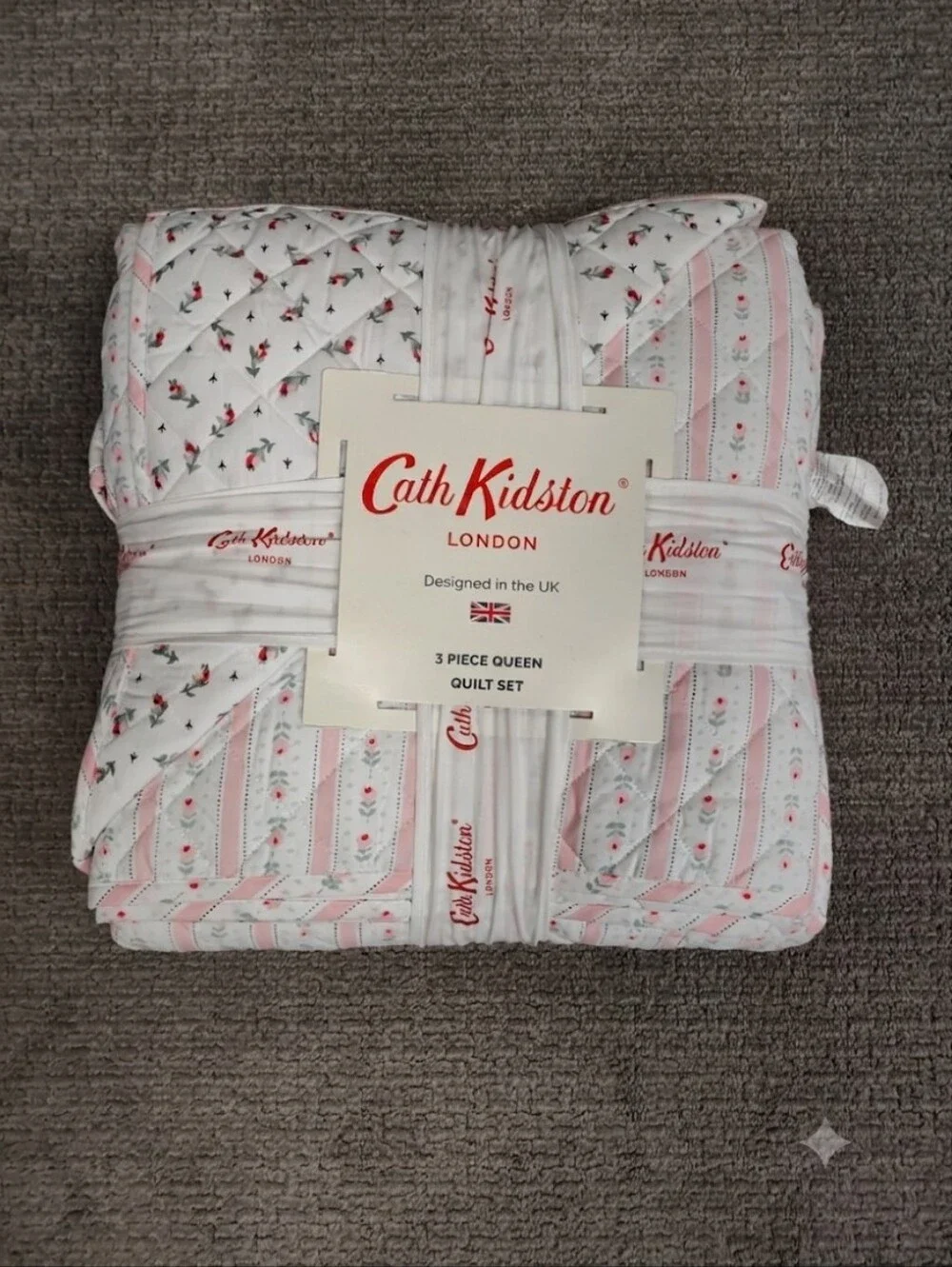 NWT! Cath Kidston Pink Rosebud Stripe 3-piece Queen Size Quilt Set - Reversible